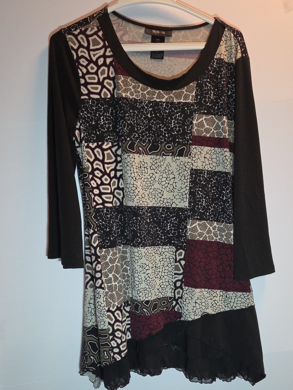Style & Co. Women's Black Patchwork Long Sleeve Tunic
